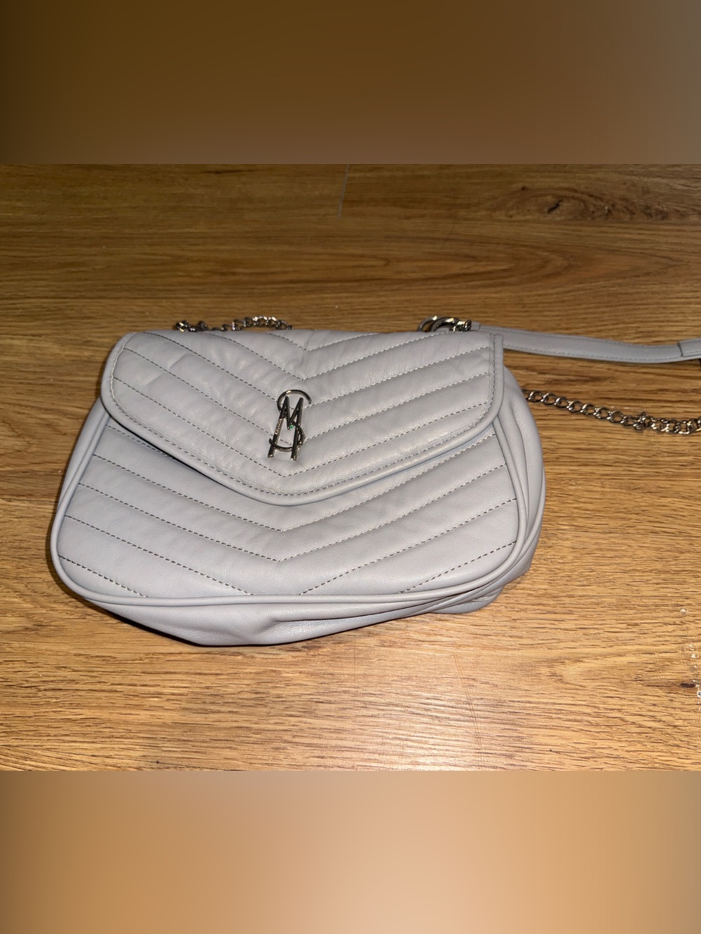 Steve Madden Quilted Light Gray Crossbody Bag with Chain Strap